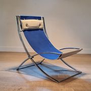 Marcello Cuneo ‘Louisa’ lounge chair in blue canvas and white leather, Italy 1970s