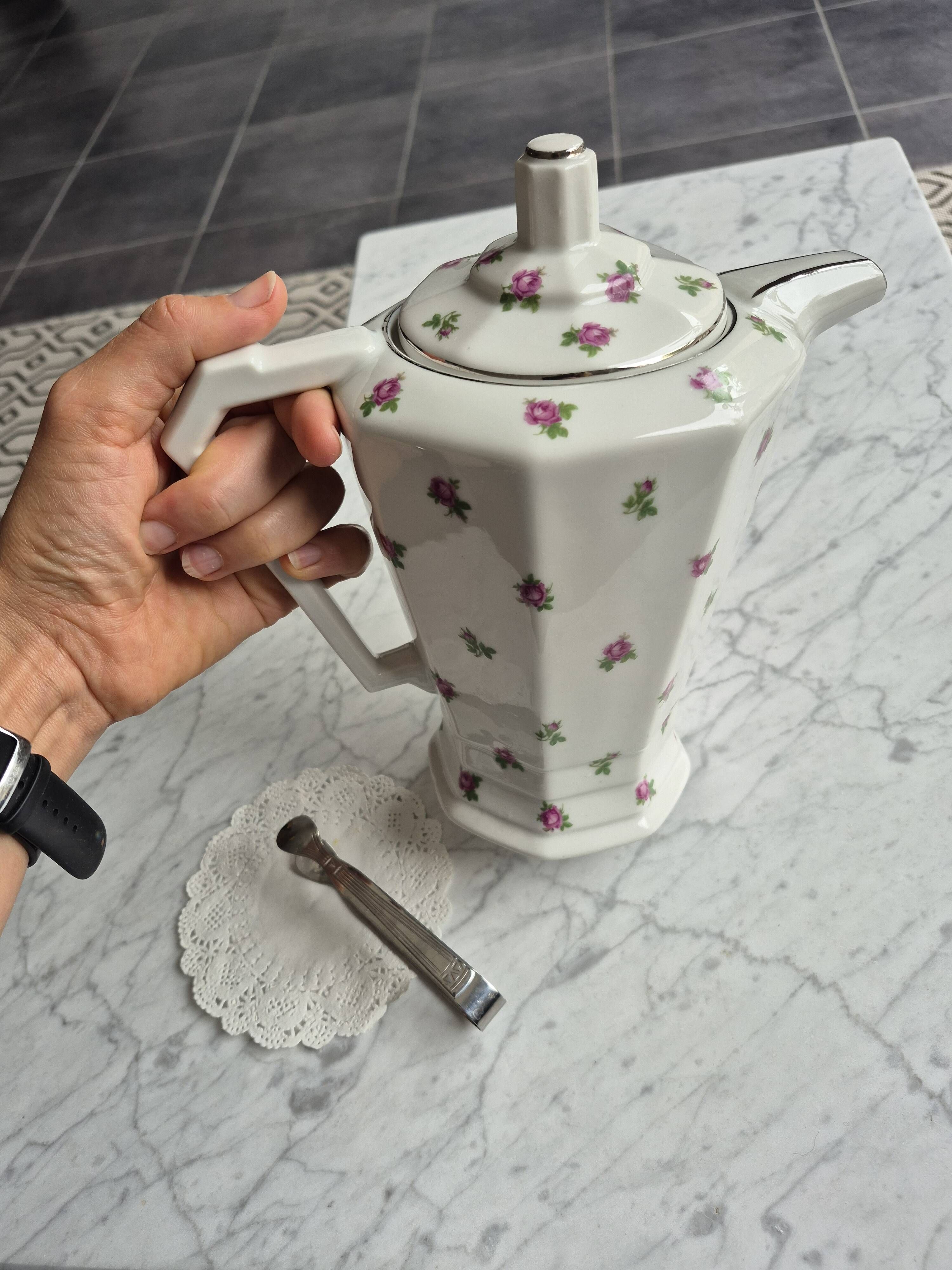 Limoges porcelain coffee pot B&D Roses & silver trim