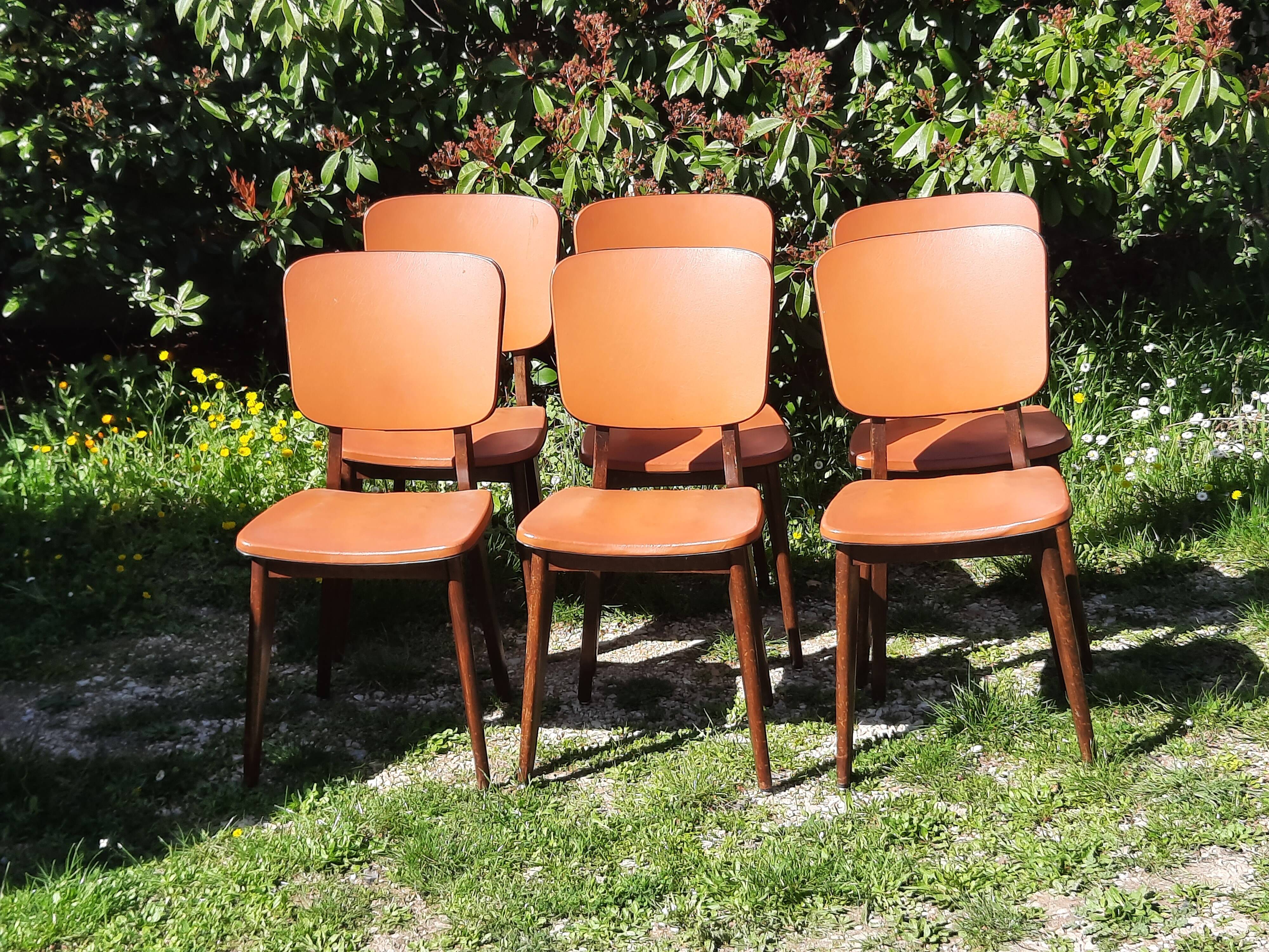 Set of 6 orange skai and wood chairs from the 60s