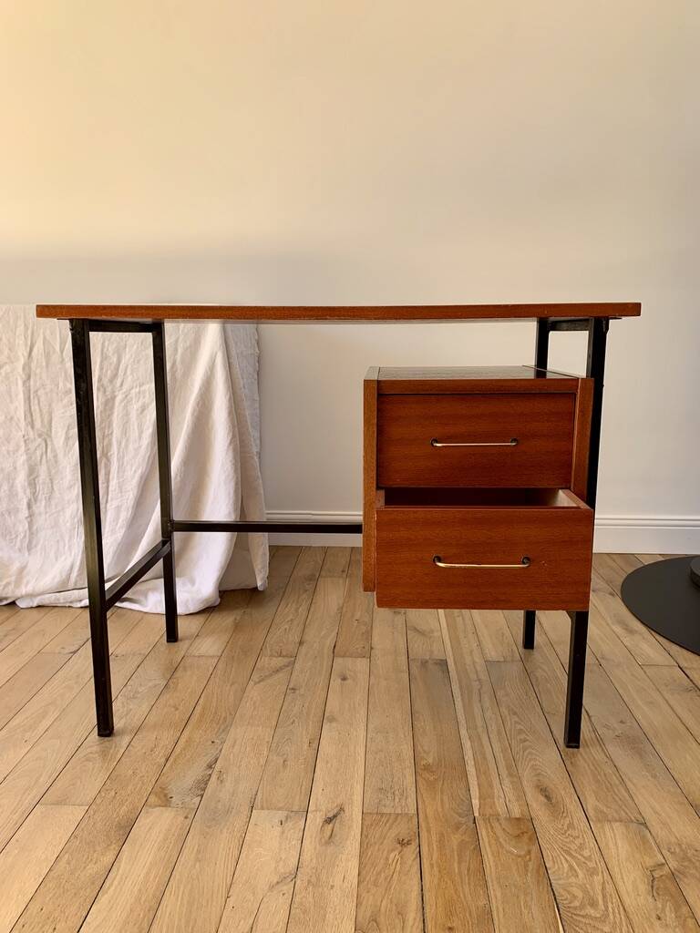 lacquered wood desk and black steel legs design from the 60s and 70s