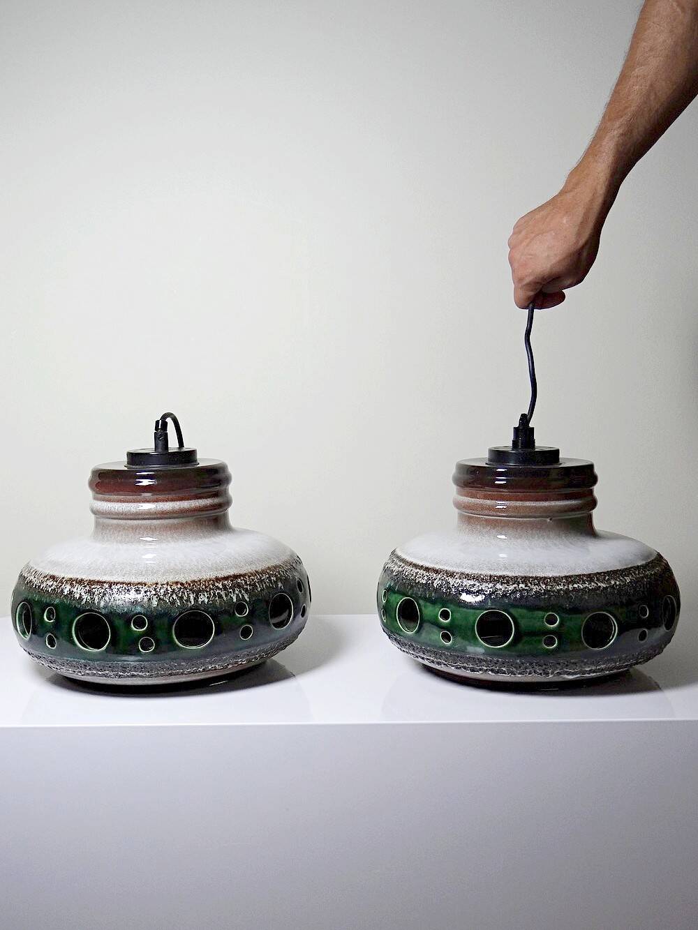 Pair of large Herda pendant lights in glazed ceramic, 1970s