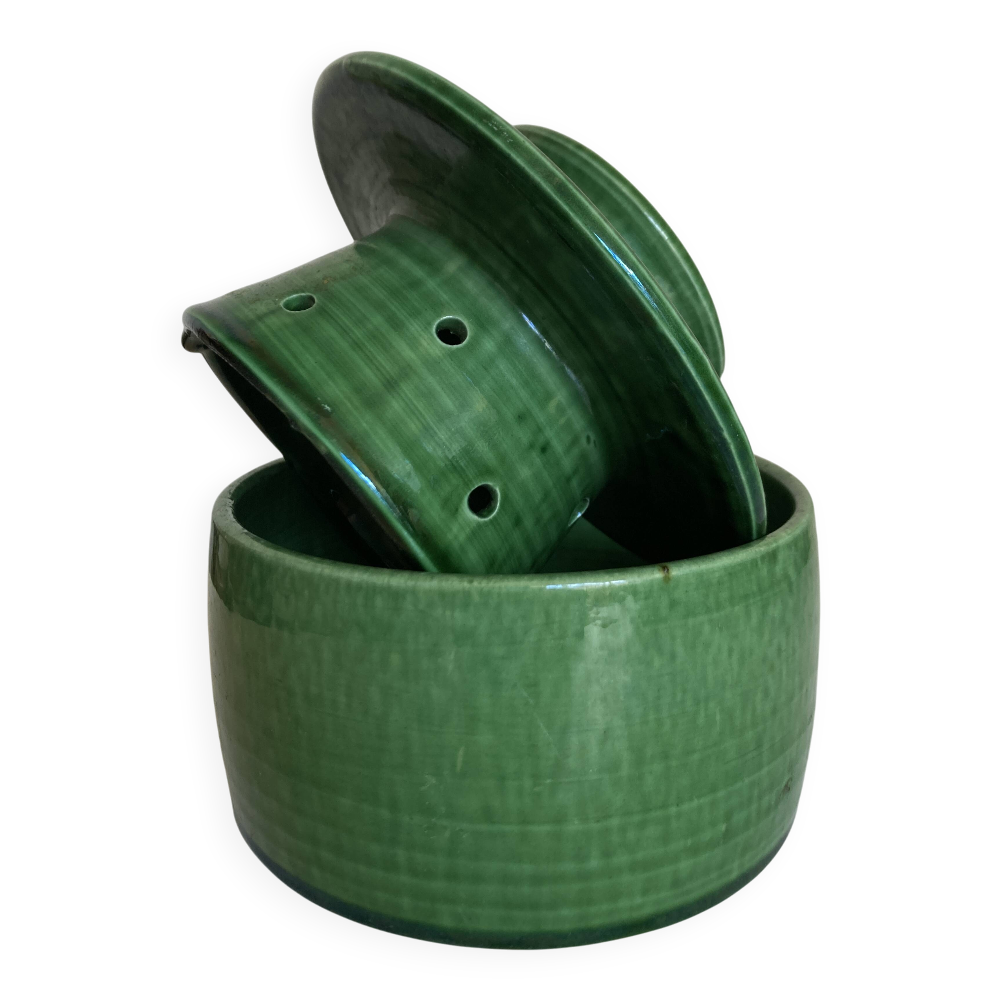 Glazed green earthenware butter dish Foucart Jourdan 1960