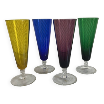 Set of four seventies colored crystal stemmed glasses