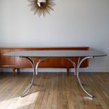 Coffee table in smoked glass and chrome legs, Design, 1970