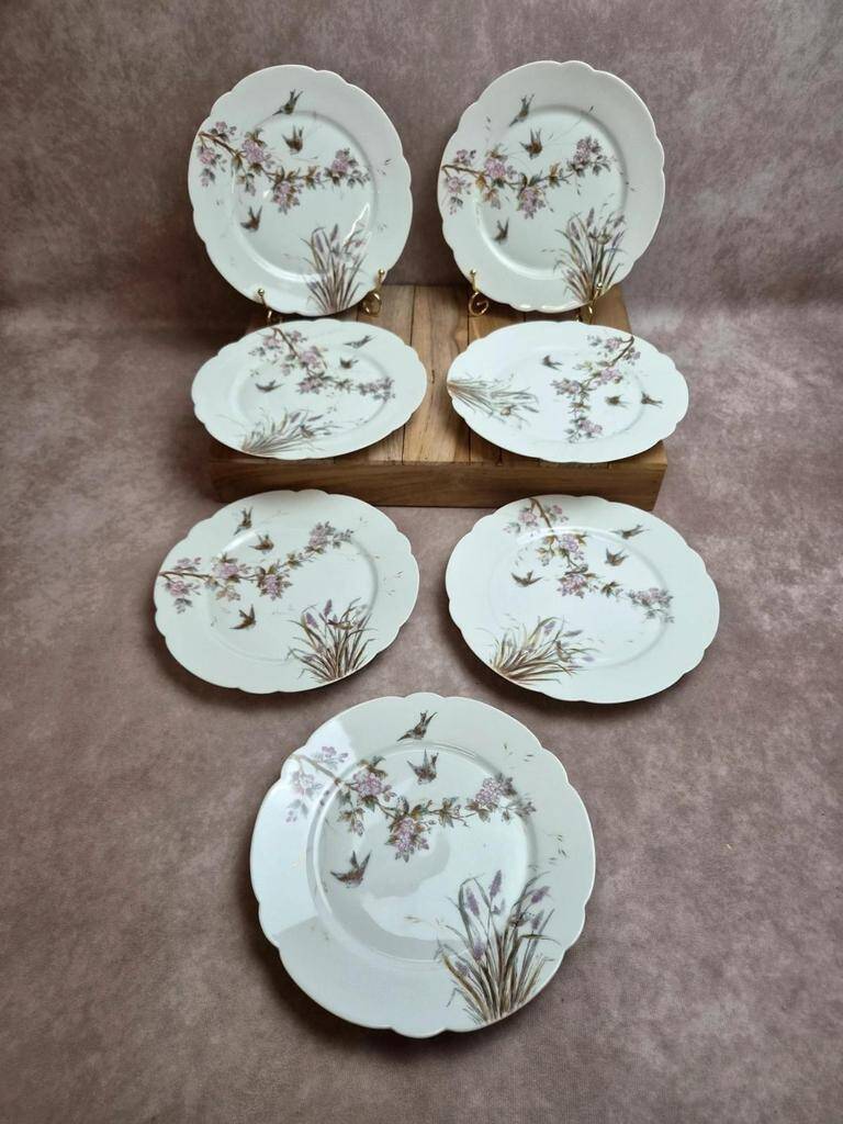Set of 7 antique porcelain plates – Decorated with polychrome birds and flowers