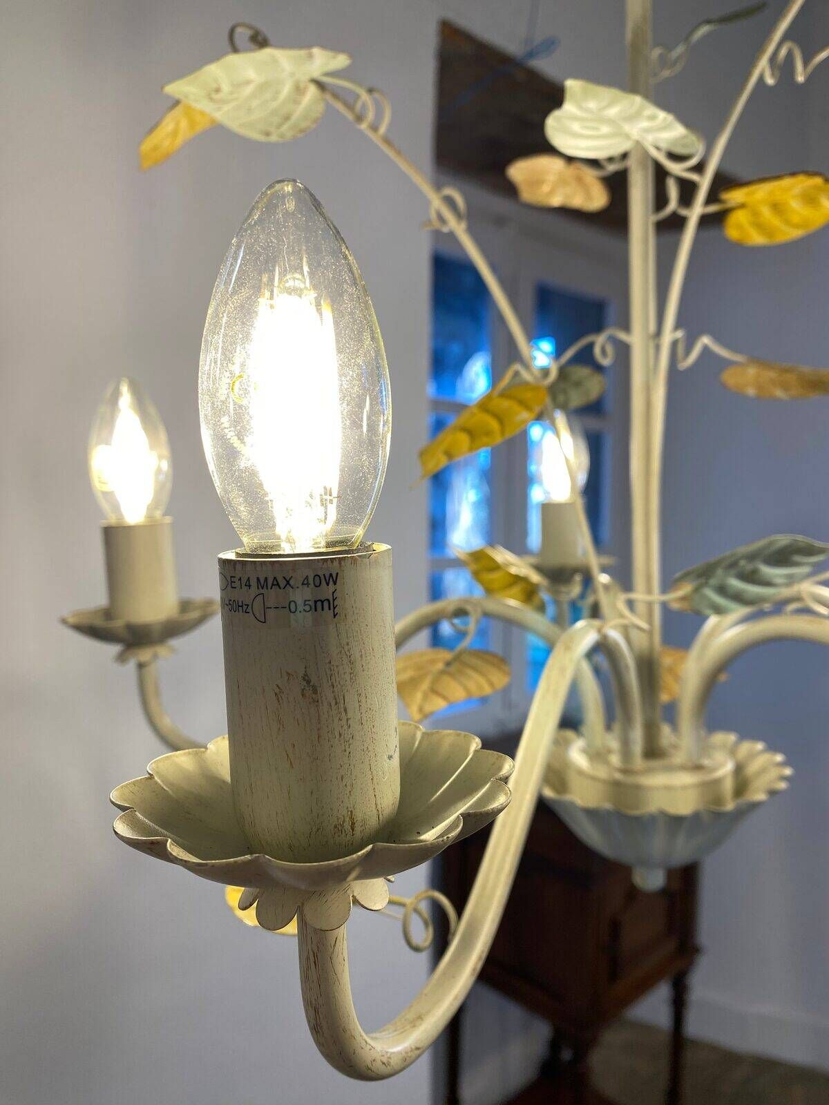 Vintage painted metal chandelier, foliage and flowers, 5 lights.