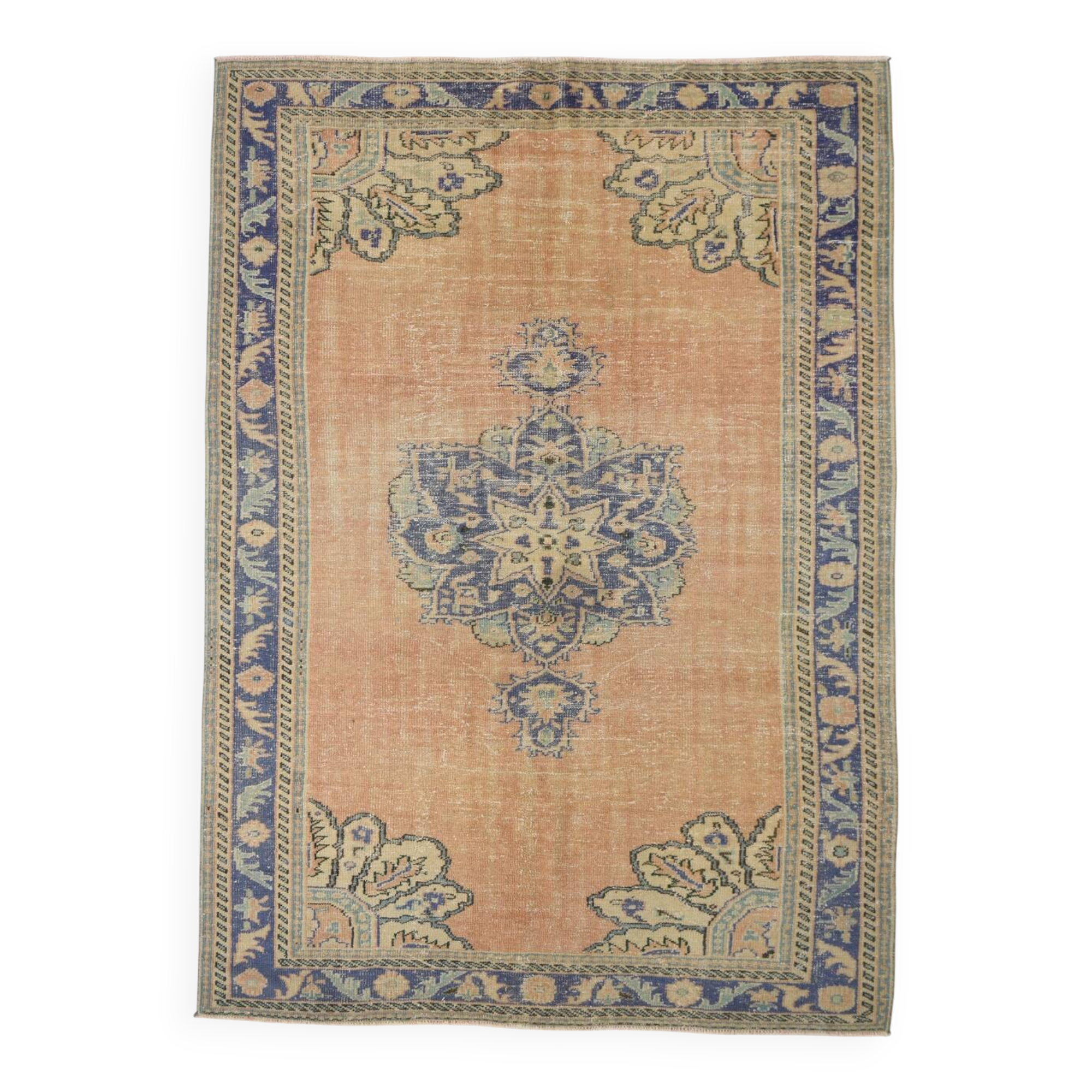 Samon & Blue Luxury Vintage Rug, Large Area Vintage Persian Rug, 218x302 Cm