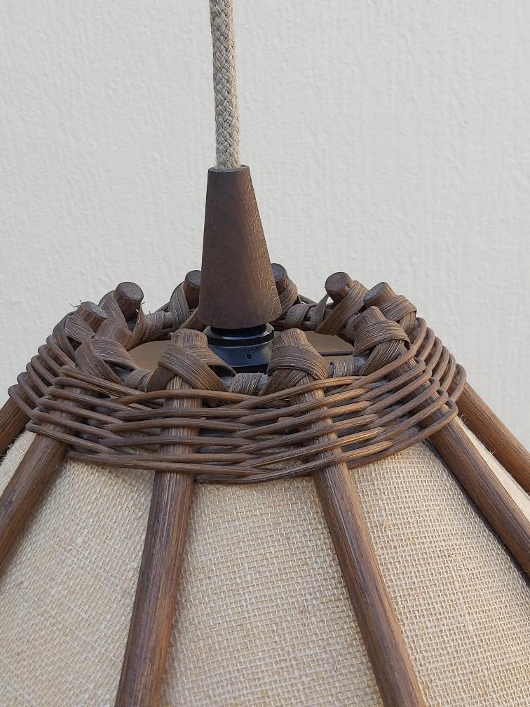 Scandinavian rattan hanging lamp, wood and vintage fabric