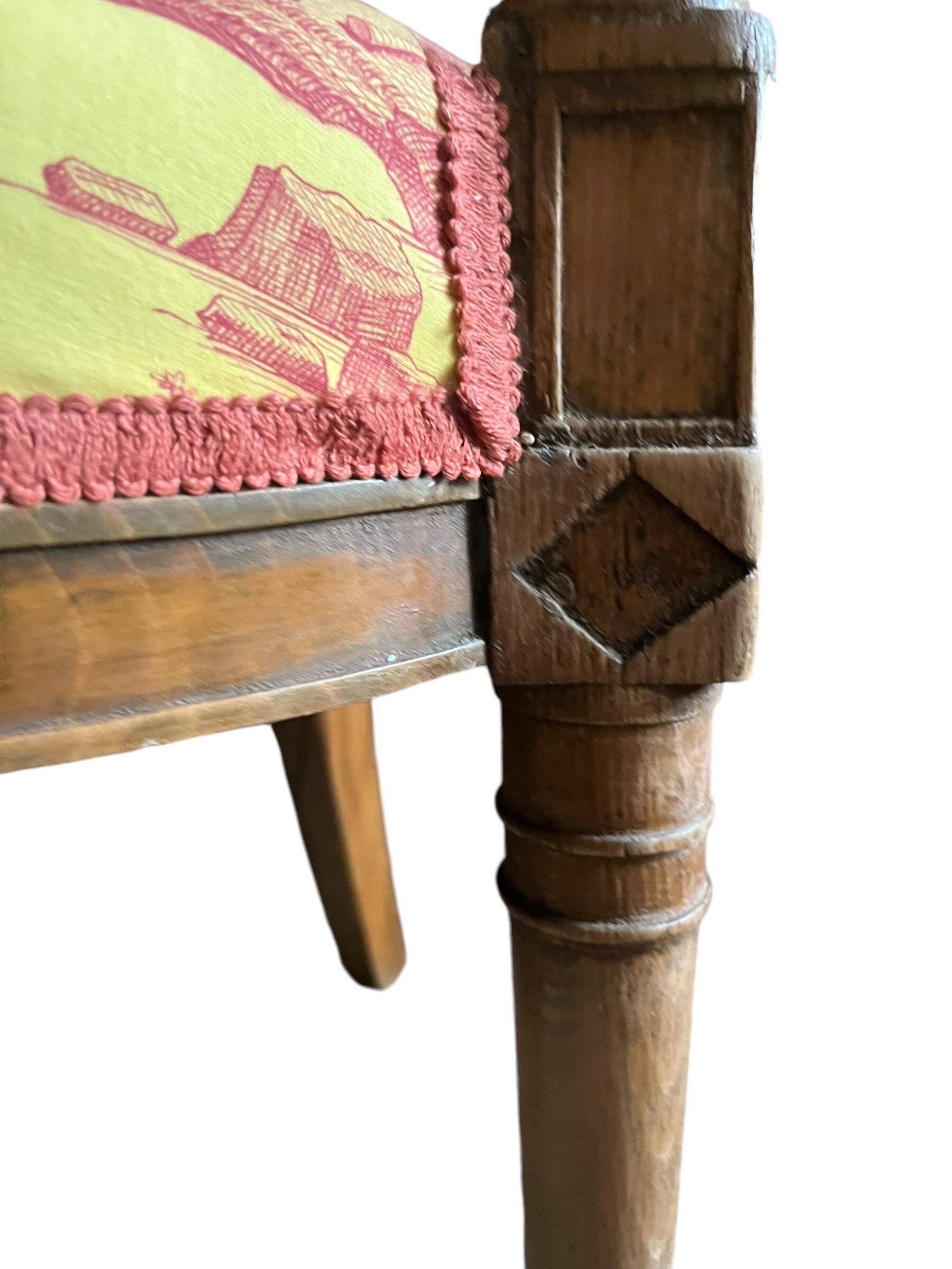 Louis XVI cabriolet armchair - Yellow and pinkish red Toile de Jouy - France