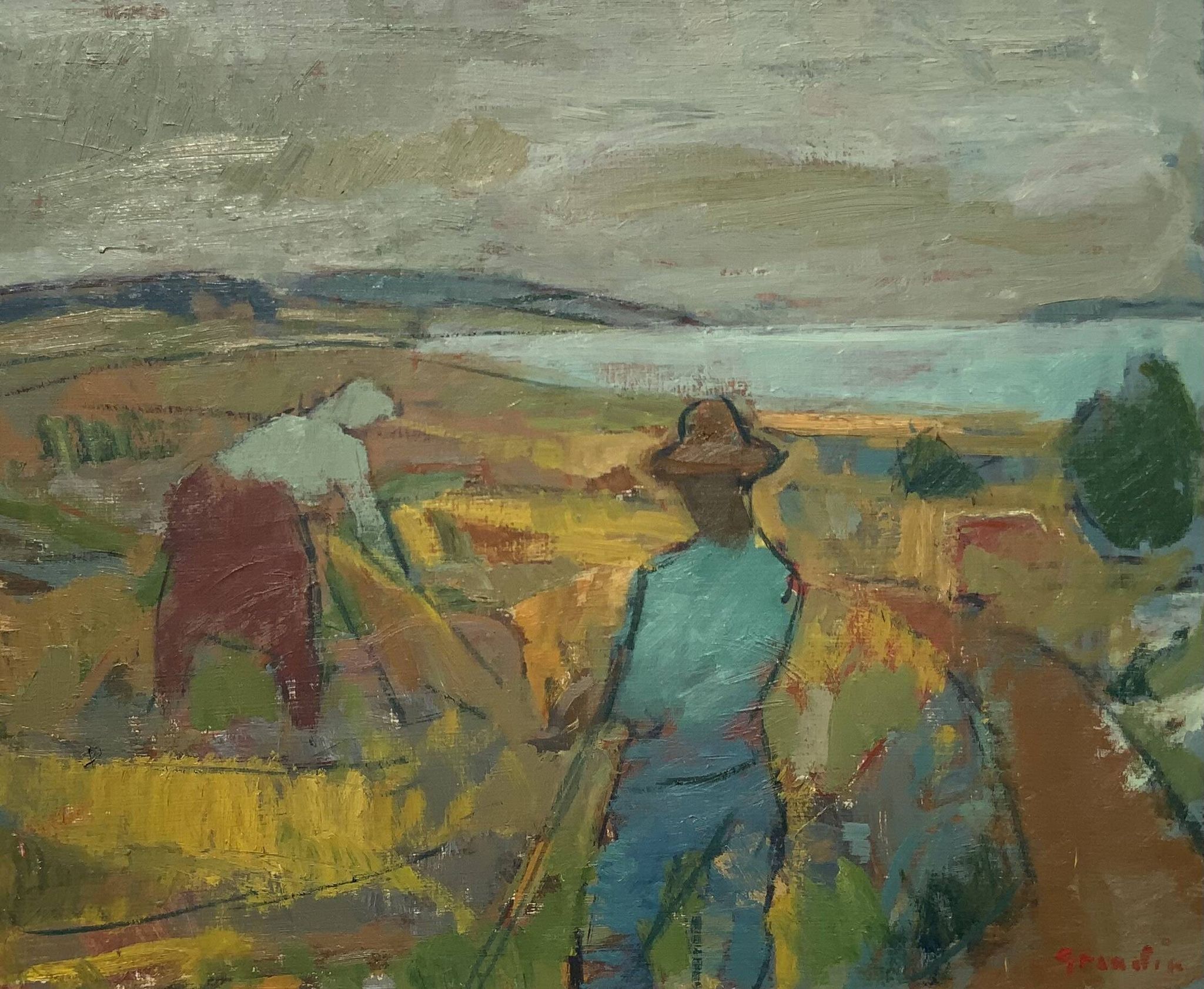 Svan Grandin (1906- 1982) Vintage Oil Painting Landscape “Harvesters”