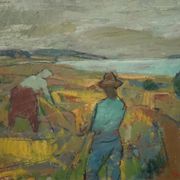 Svan Grandin (1906- 1982) Vintage Oil Painting Landscape “Harvesters”