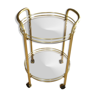 Round brass and metal bar cart with smoked glass plates, serving trolley, vintage from the 1960s