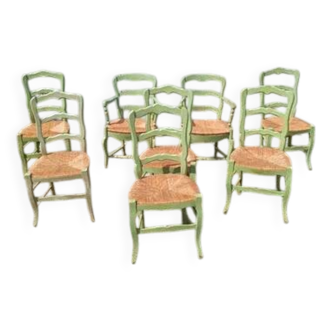 Set of 8 mint green patinated straw chairs including two armchairs