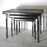 Brutalist nesting table in ebonized oak and wrought iron