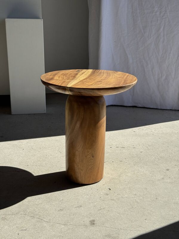 Table d'appoint en suar massif plateau circulaire pied colonne H51,5 D50