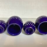 Pair of small enamelled cobalt blue candlesticks and vases