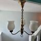Three-light brass and opaline chandelier