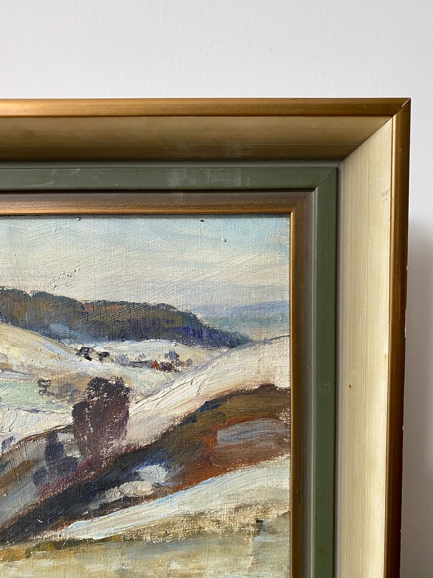 Mid-century modern "mountain views" vintage winter landscape oil painting, framed