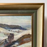 Mid-century modern "mountain views" vintage winter landscape oil painting, framed