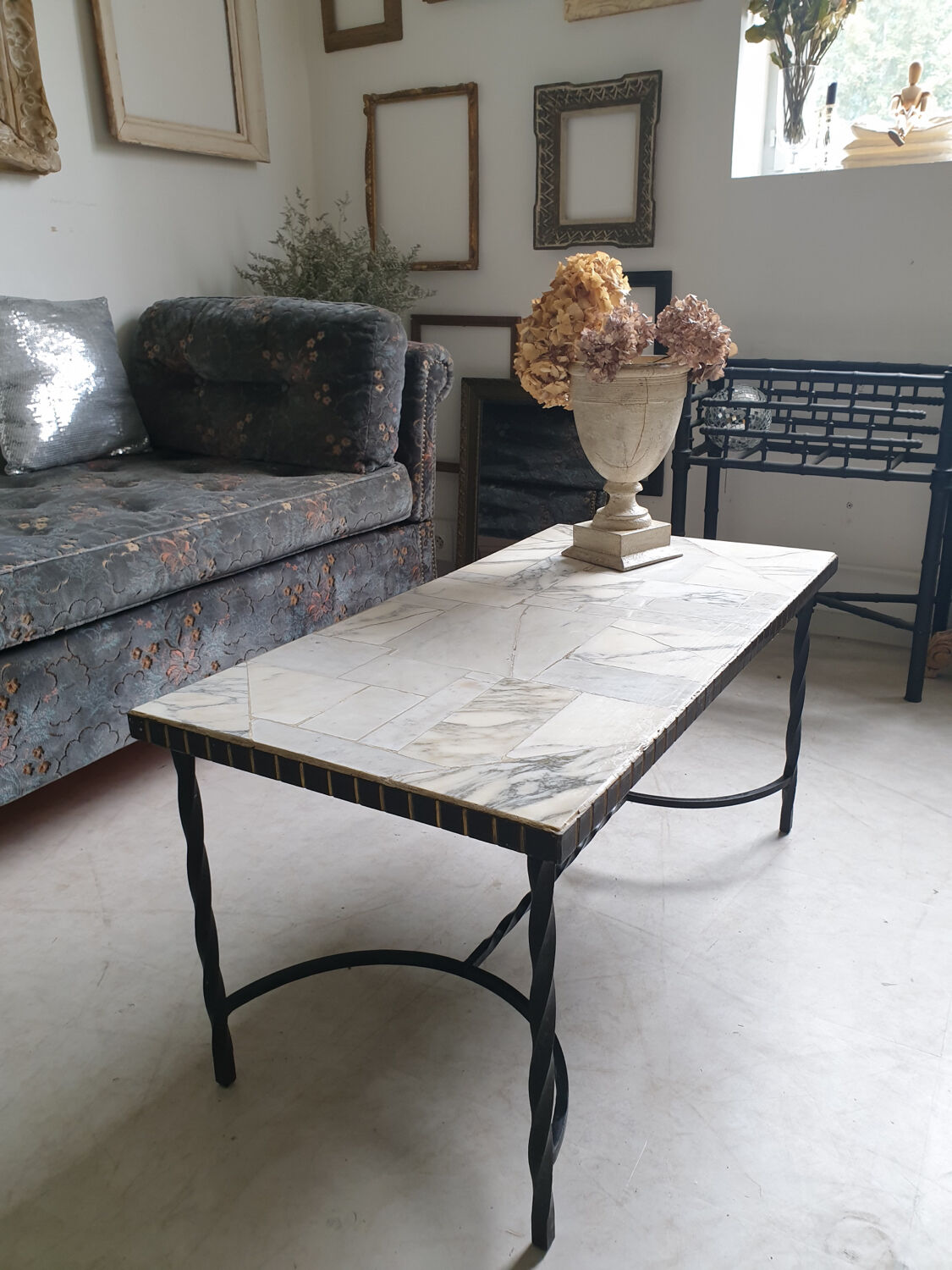 Marble and wrought iron coffee table