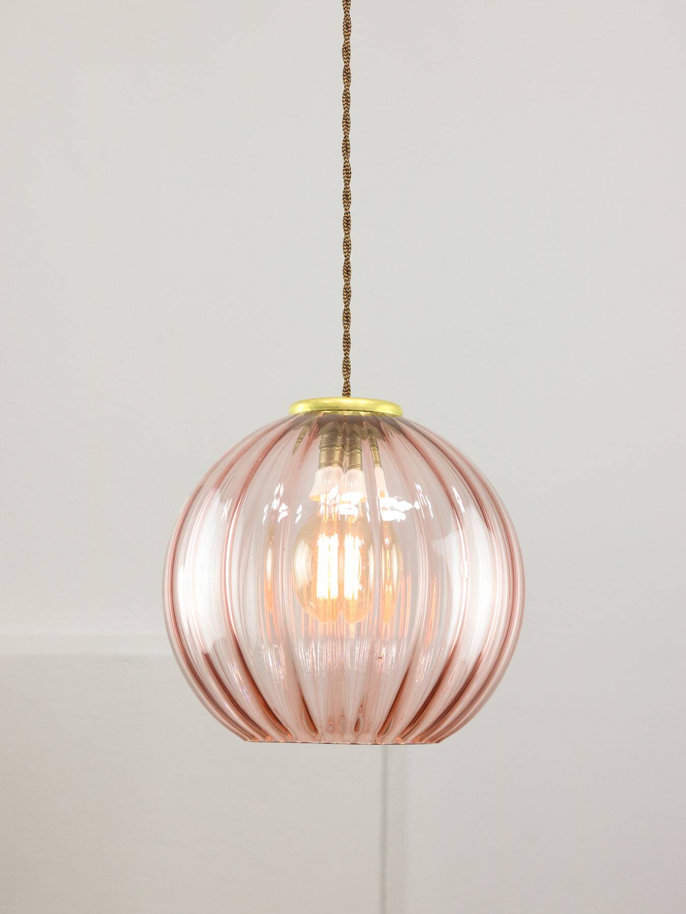Mid-Century Italian Pink Glass and Brass Pendant Lamp