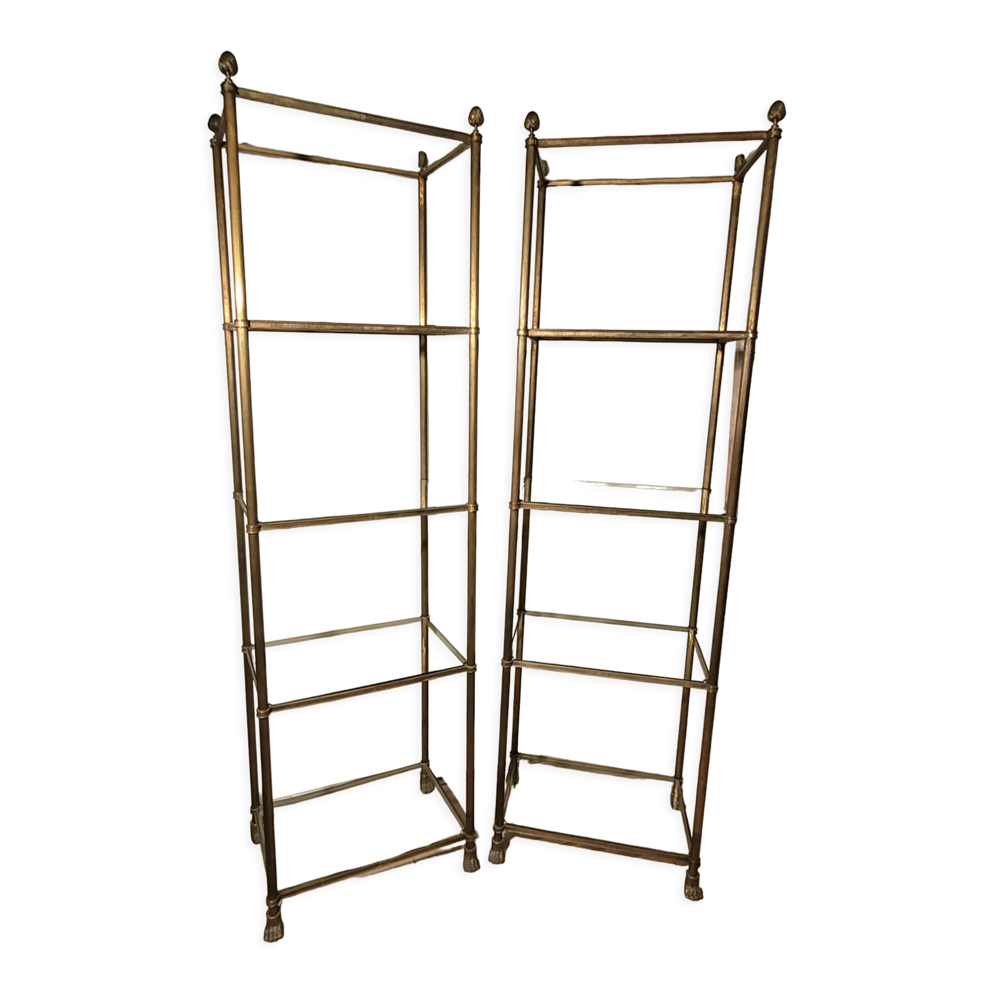 Pair of brass and gilded bronze shelves feet lion's feet