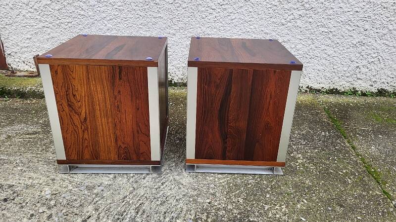 Vintage aluminium and wood bedside tables.