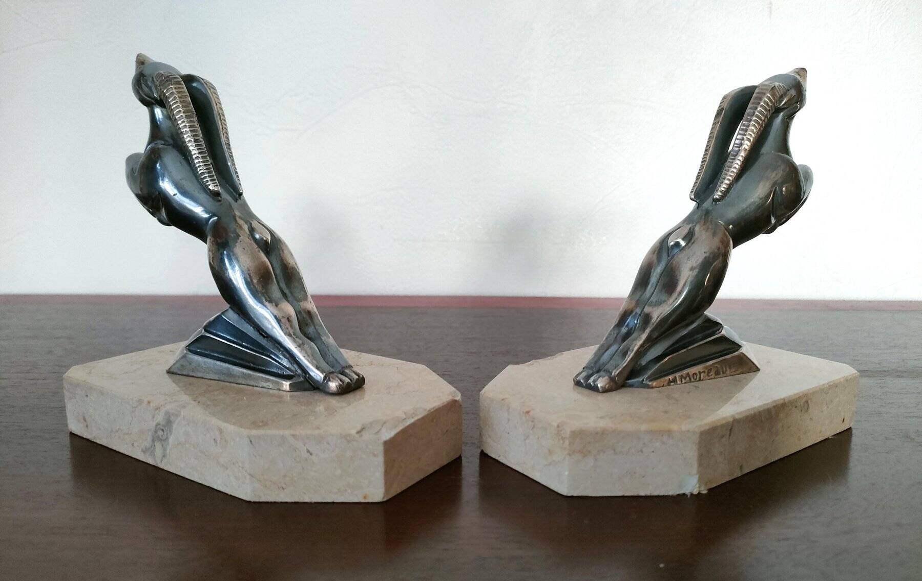 Pair of Gazelles bookends Hippolyte Moreau, signed - Spelter, marble