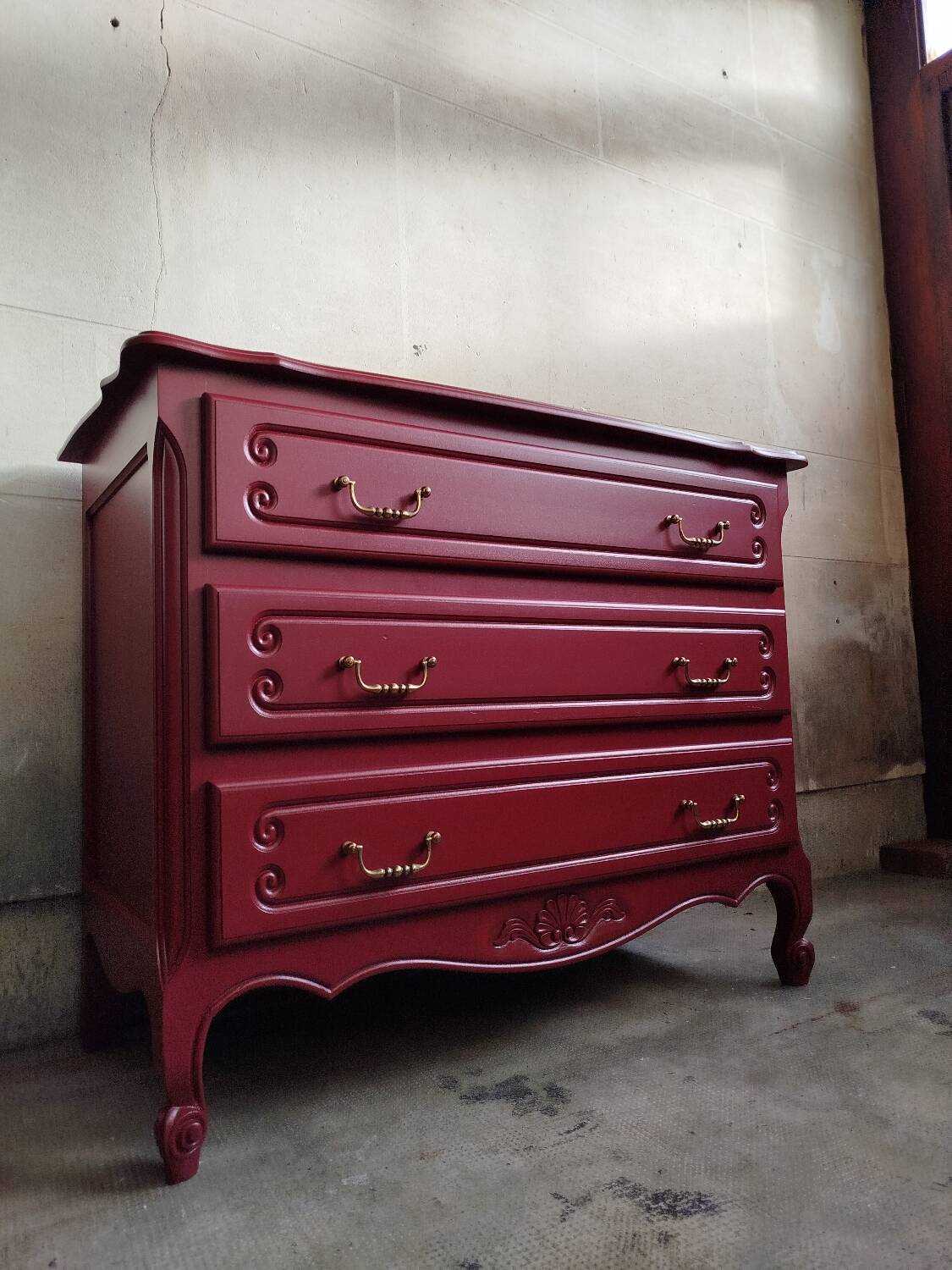 Vintage chest of drawers restyled in Bordeaux red