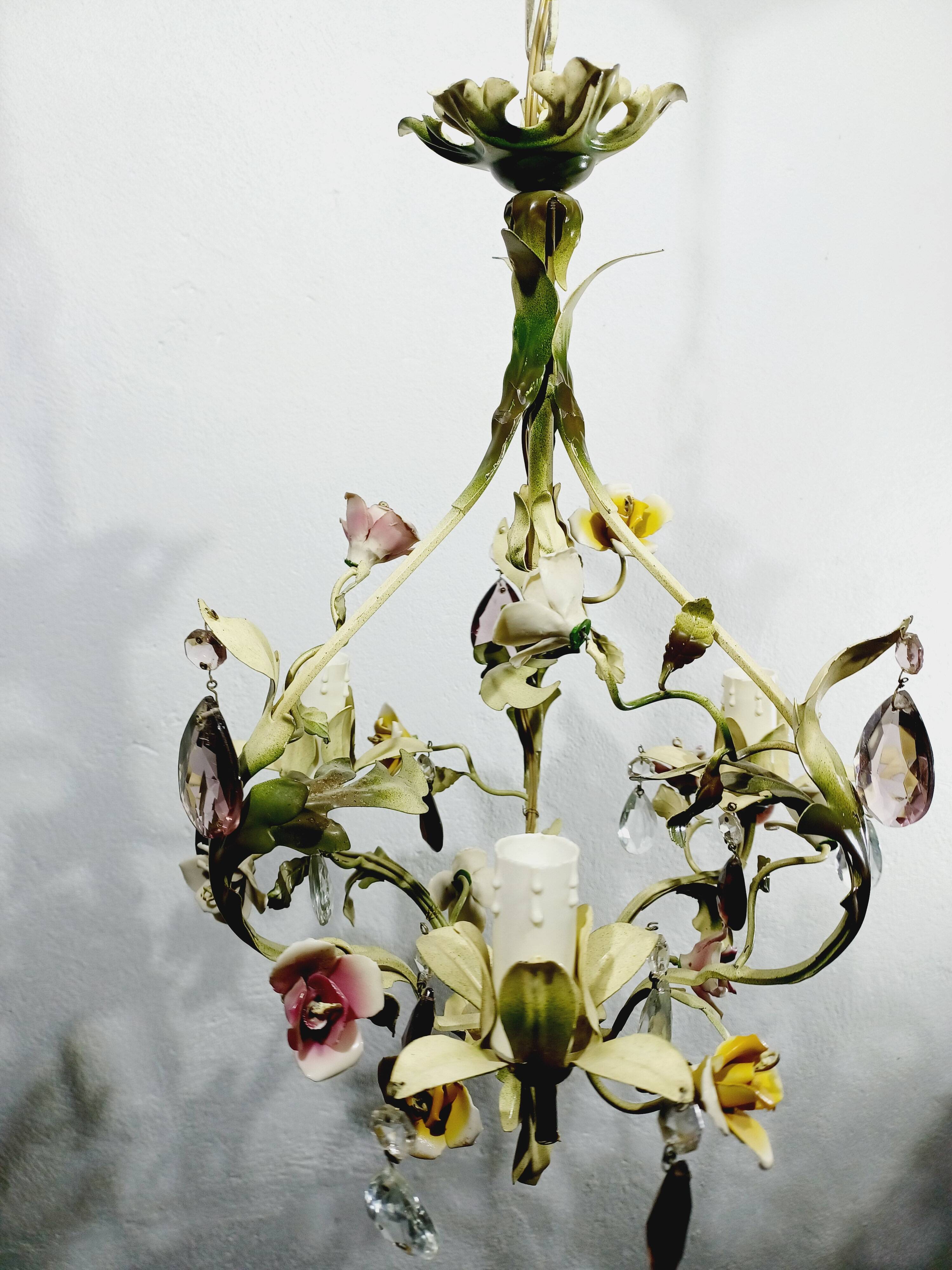 Wrought iron and porcelain chandelier