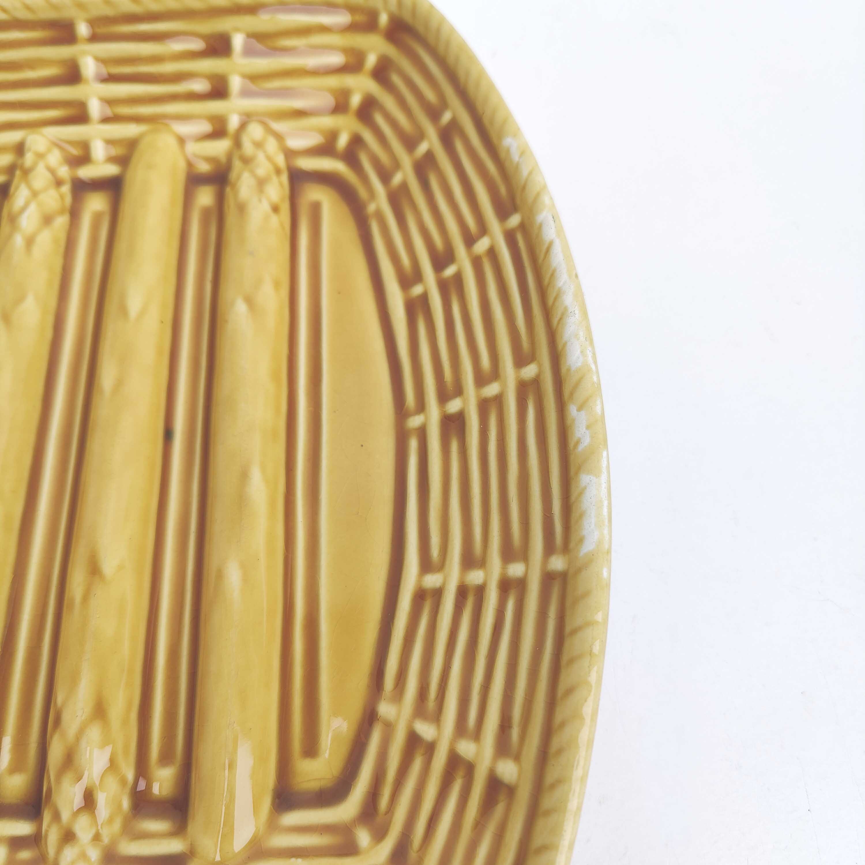 Asparagus dish in yellow ceramic slip sarreguemines France vintage
