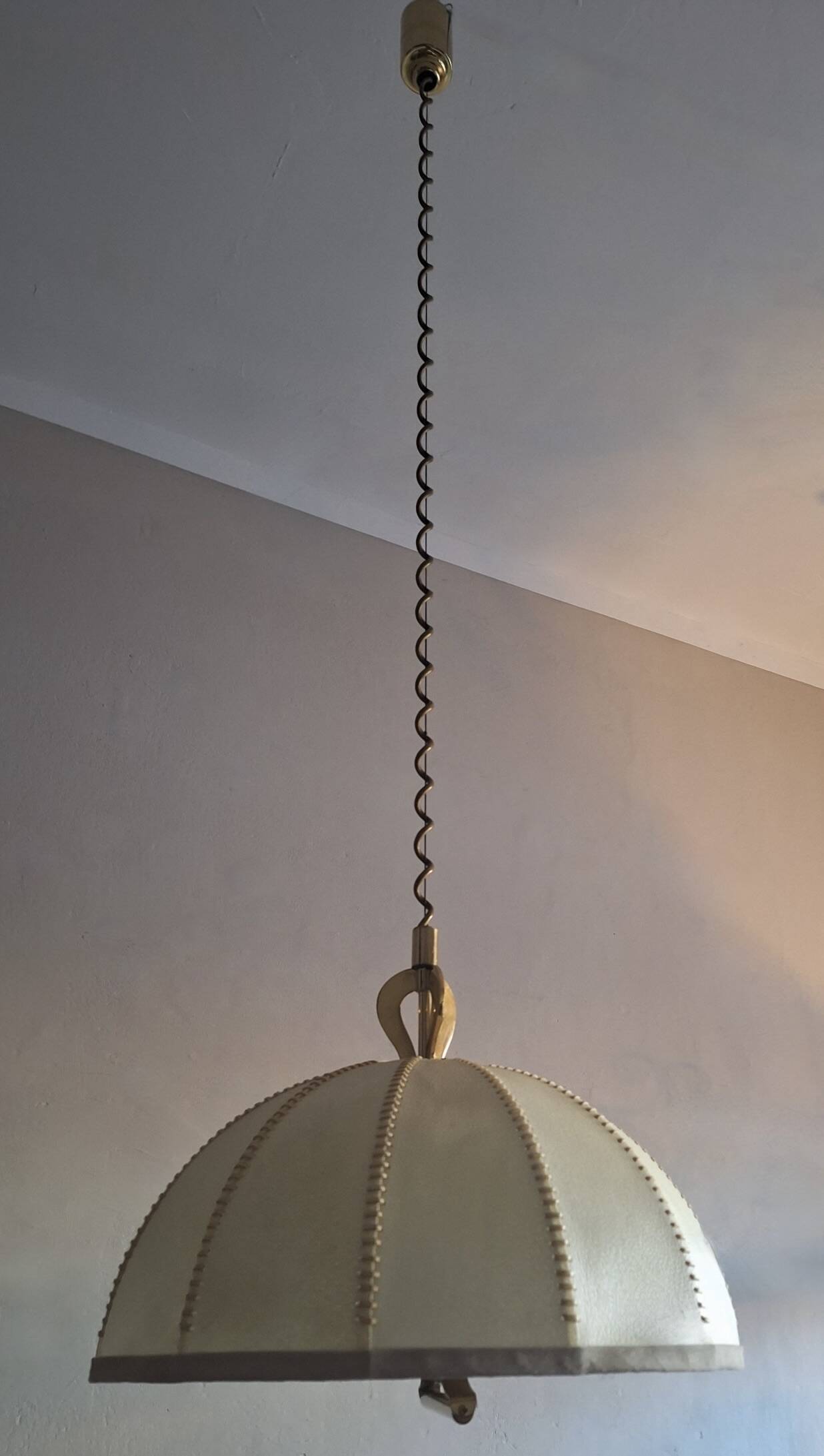 Large leather, vellum and brass Italian cocoon chandelier, Italy 1950s