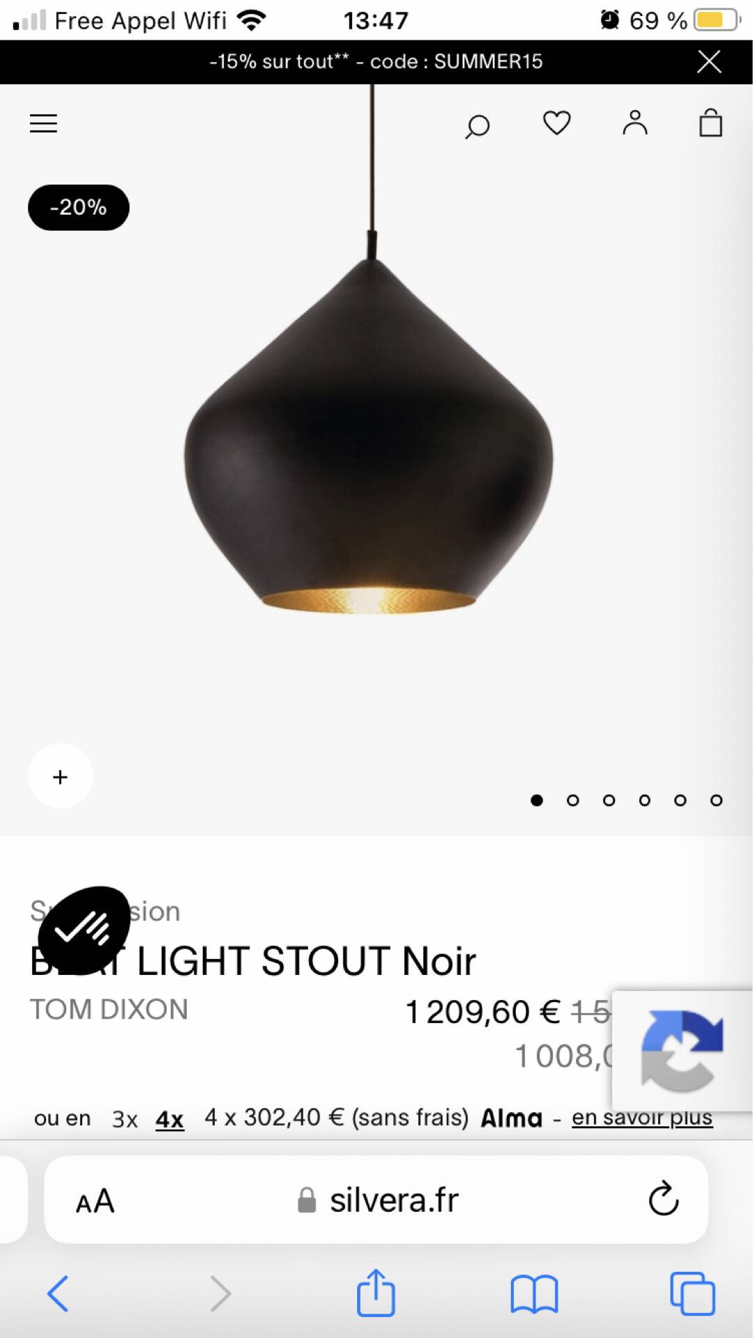 Suspension Beat light stout noir design Tom Dixon in excellent condition.