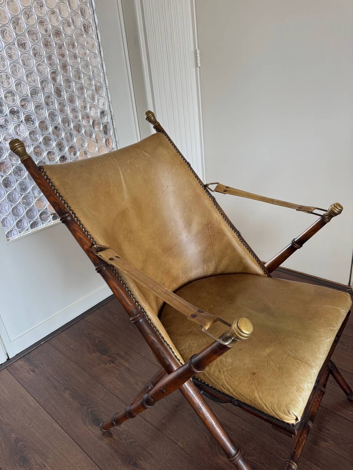 Vintage Faux bamboo, leather campaign folding chair by Maison Jansen, 1950s