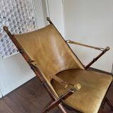 Vintage Faux bamboo, leather campaign folding chair by Maison Jansen, 1950s