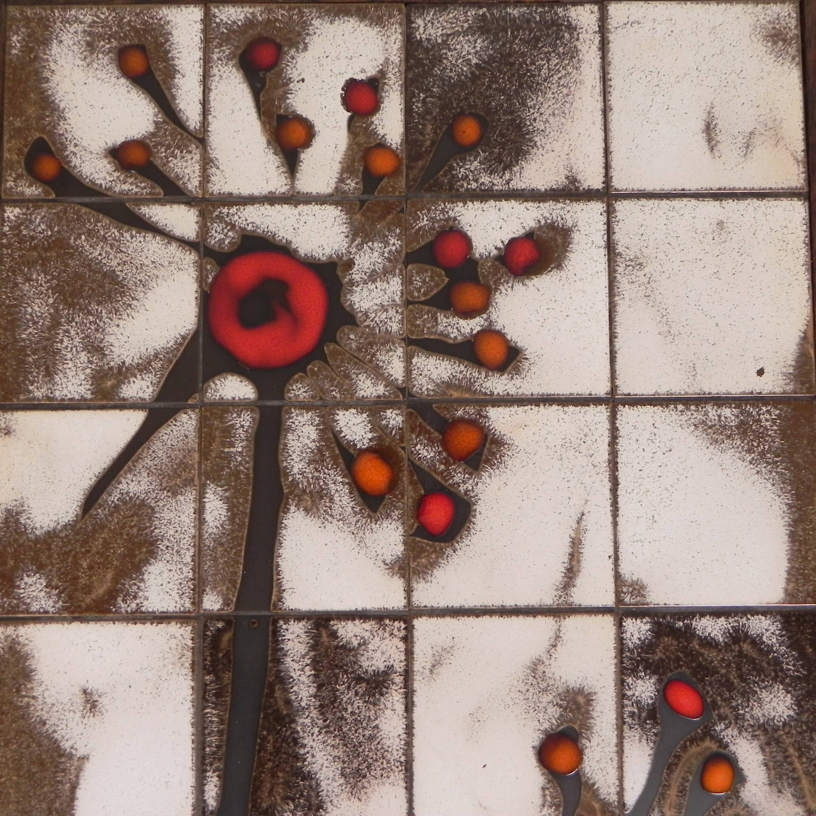 Square tile table from Vallauris, signed Dan with an image of a fantastic bird, 1960s.