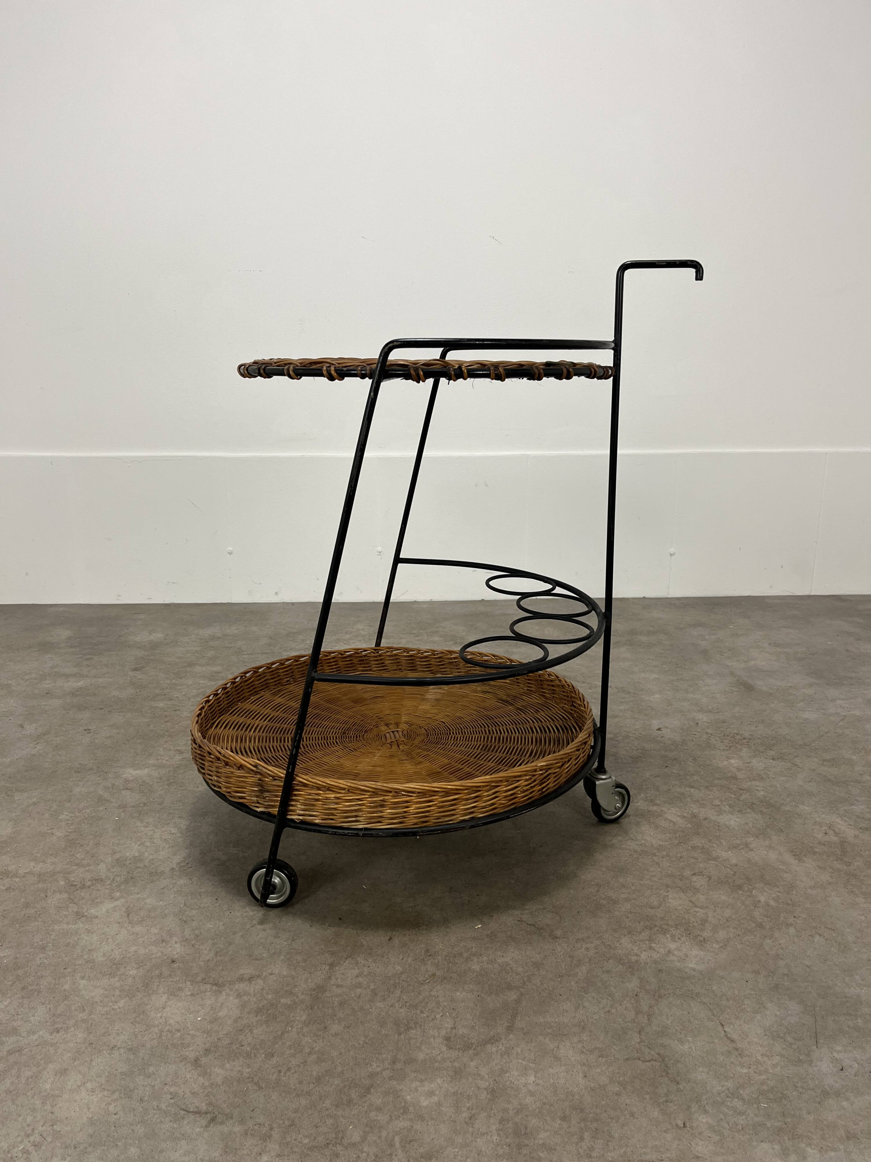 Raoul Guys style metal and rattan serving trolley from the 50s