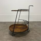 Raoul Guys style metal and rattan serving trolley from the 50s