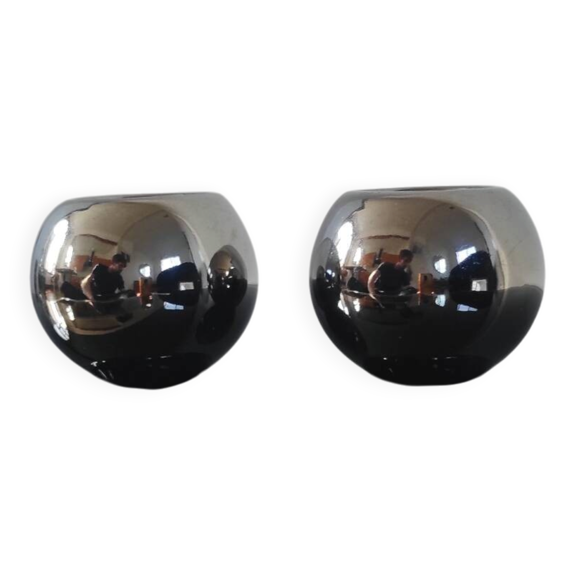 Paire de bougeoirs / photophores boules en céramique argentée effet mi