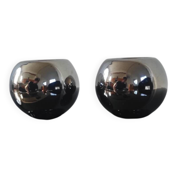 Paire de bougeoirs / photophores boules en céramique argentée effet mi