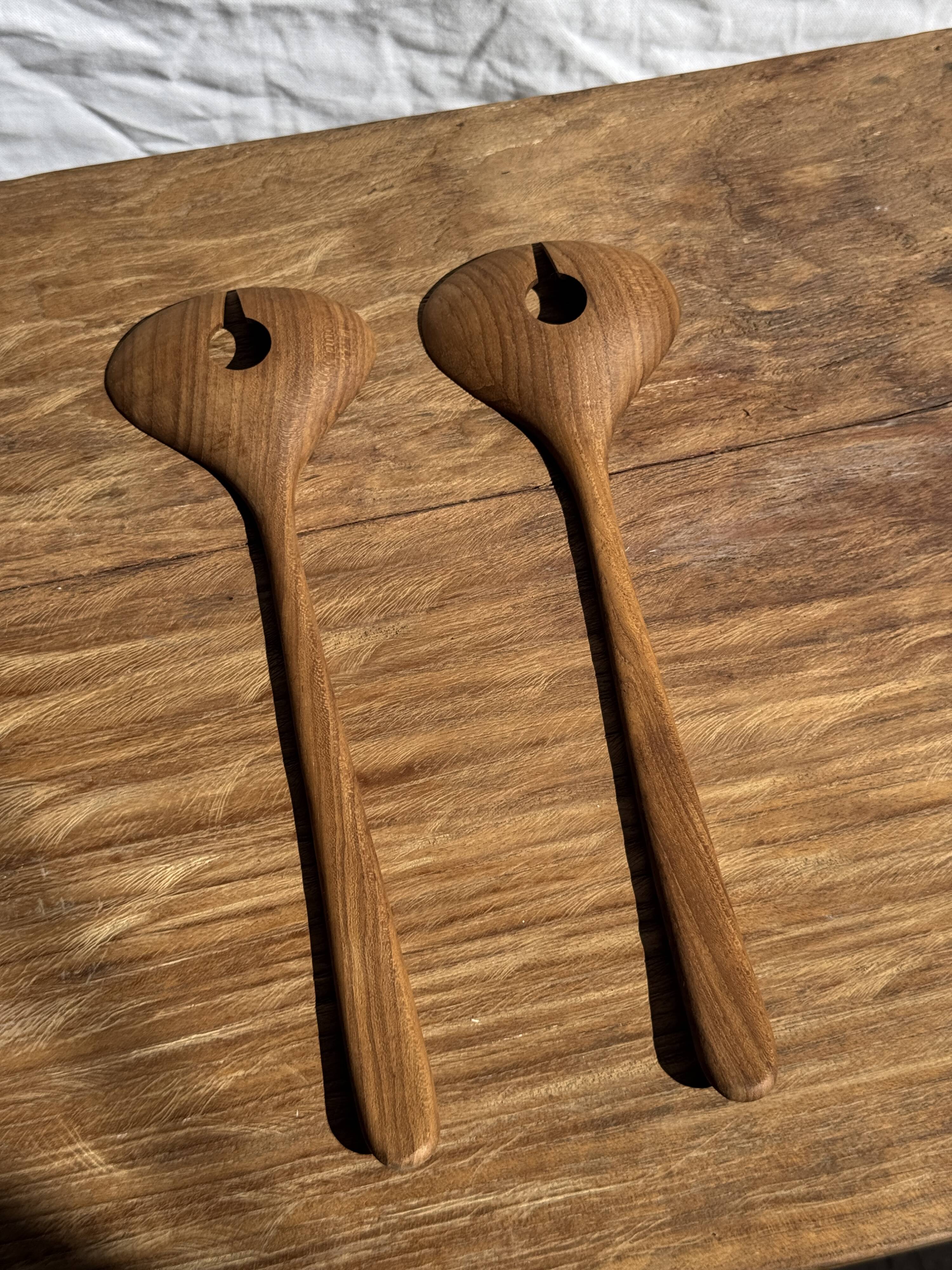 Salad server or large teak spoon, oval shape, split, L30 D9
