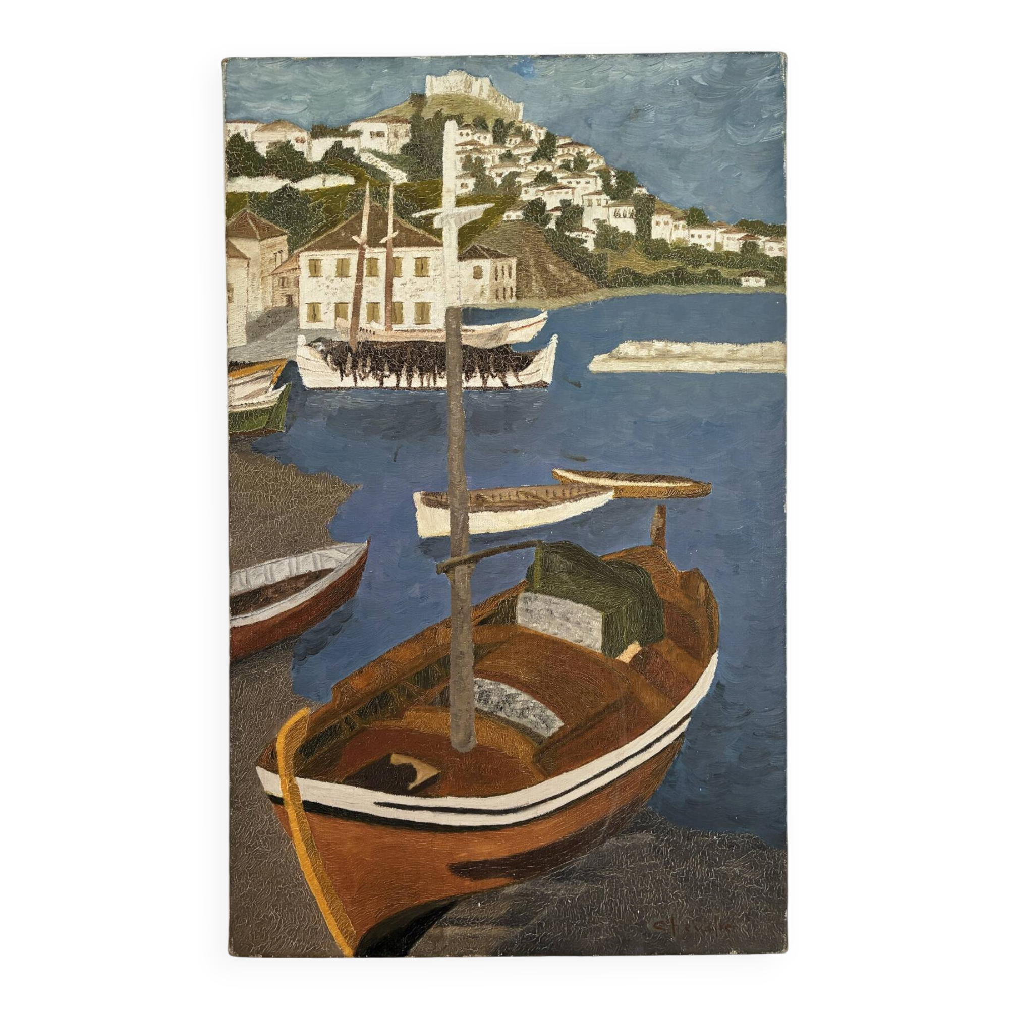 Marine, view of a Mediterranean port signed Chevalier, 20th century.