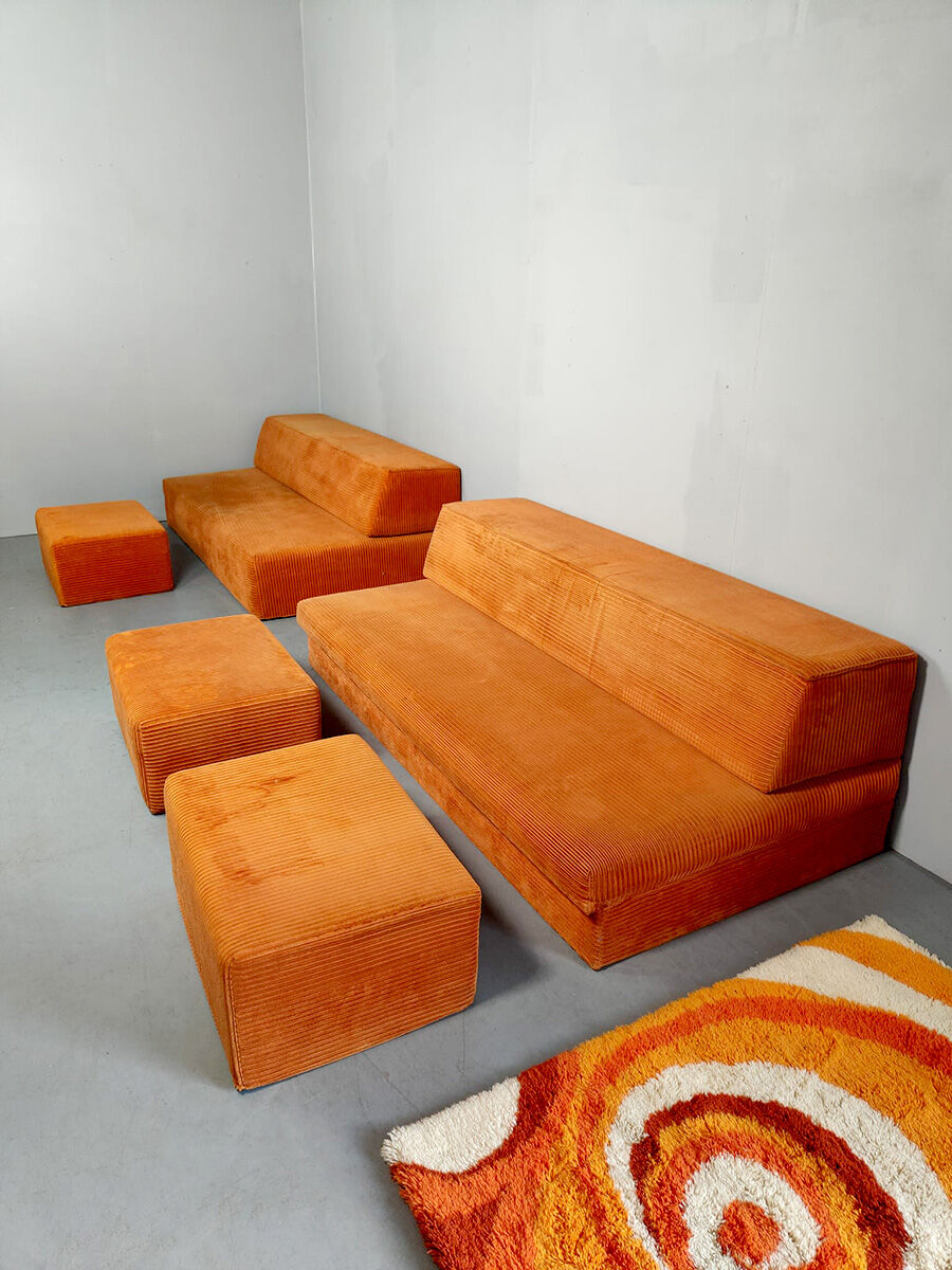 Vintage orange corduroy modular sofa 70s retro