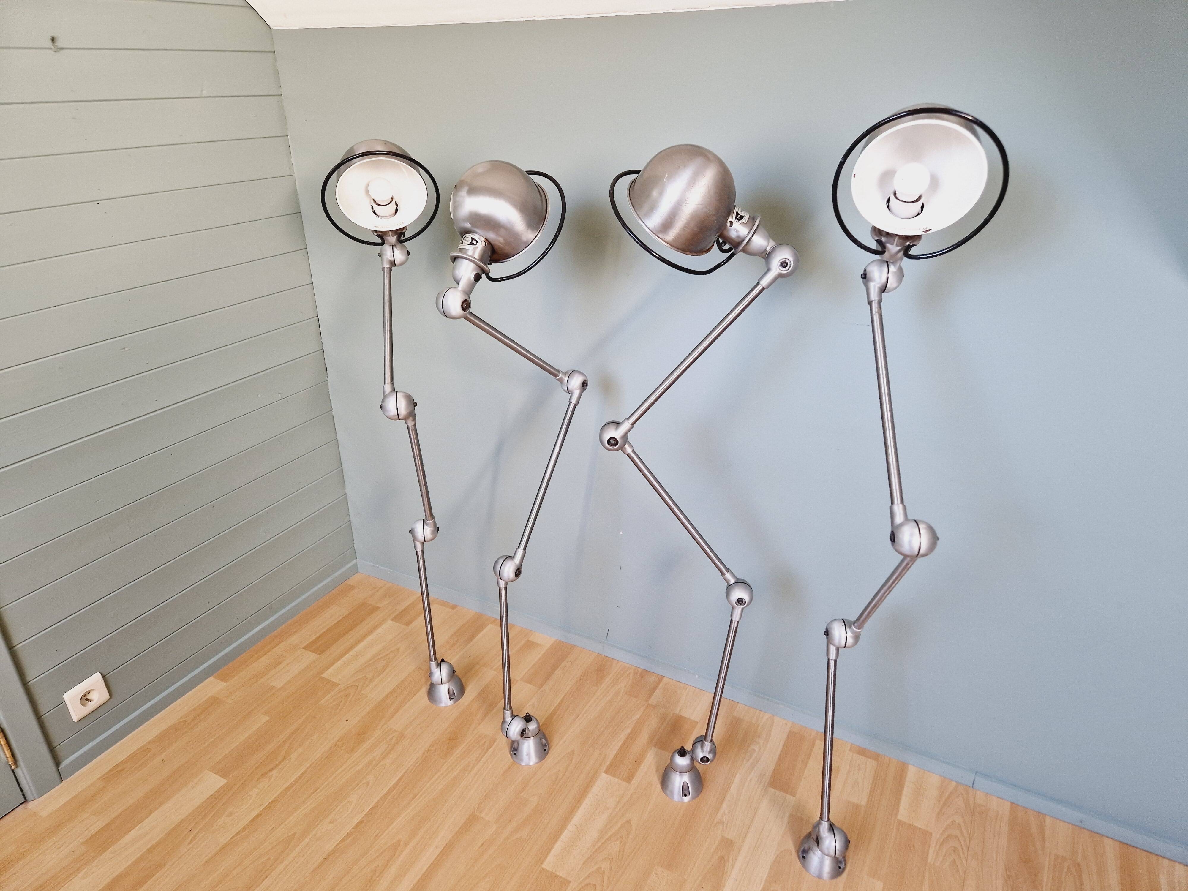 Set of 4 Jieldé industrial lamps in brushed steel, 3 arms