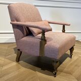 Wooden and red chevron fabric armchair with casters
