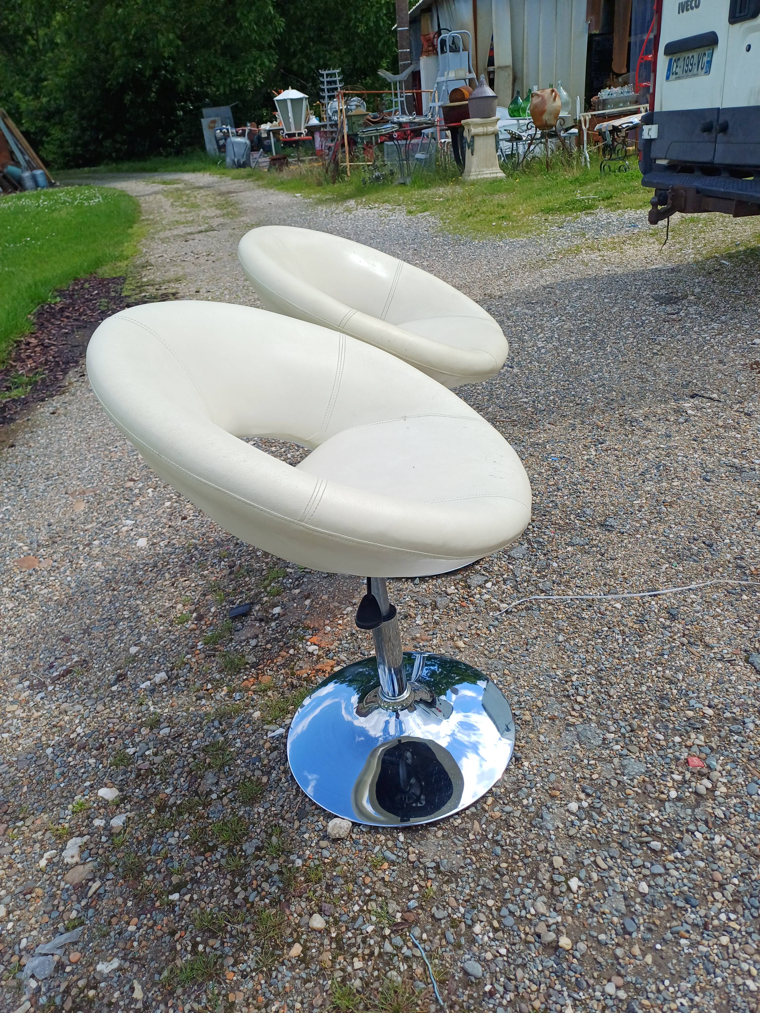 Pair of Vintage Chrome and Light Beige Skai Armchairs