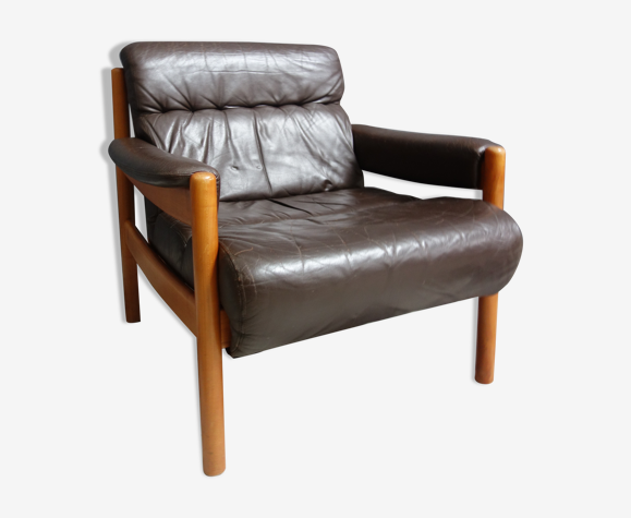 Fauteuil en cuir brun des années 1970