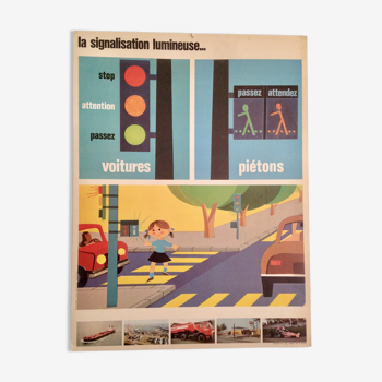 Affiche scolaire prévention routière 1970 La signalisation lumineuse