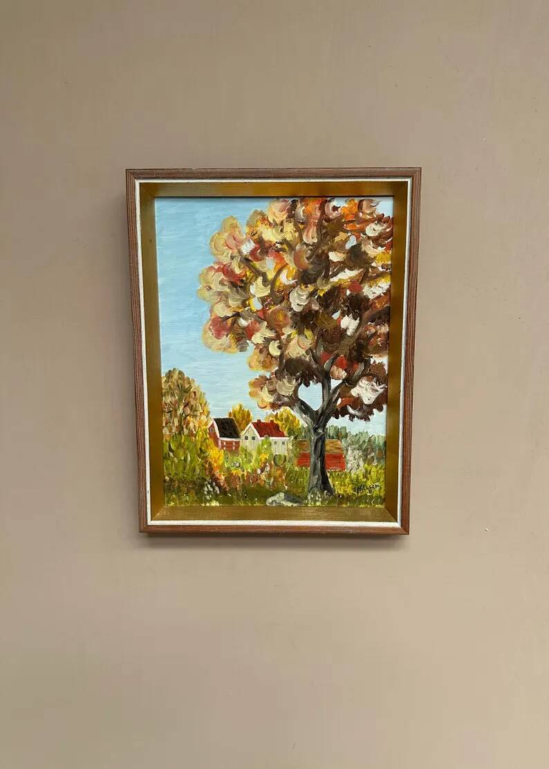 Original Swedish Oil on Canvas - "Autumn Tree" by J. Nilsson - Vintage and Framed - 49 × 38 cm