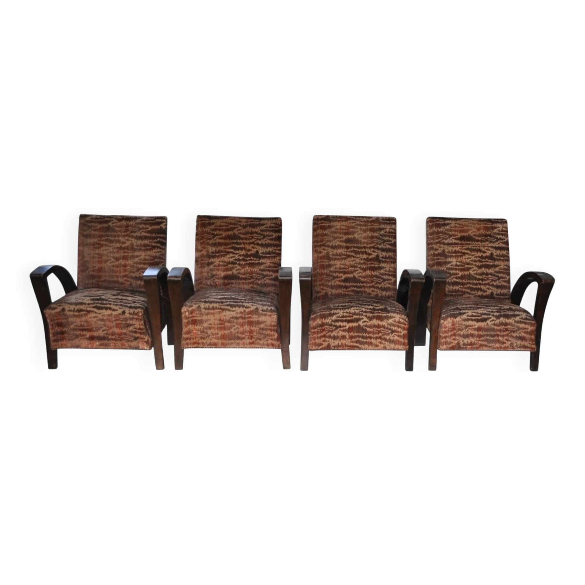 Pair of Art Deco armchairs in curved wood and multicoloured fabric from the 1920s.